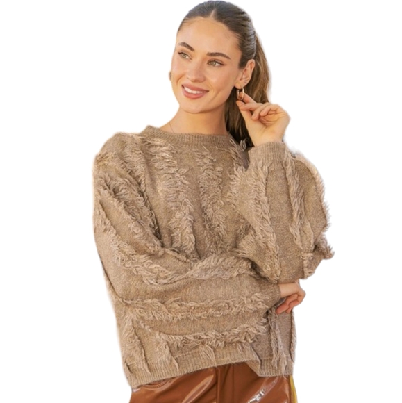 Taupe Fringe Balloon Sleeve Pullover Knit Sweater NWT - Picture 2 of 9